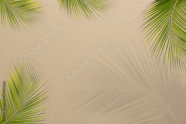 Fototapeta Shadow palm leaf summer backgroun overlay beige color template mockup pastel minimal for presentation product cosmetic aesthetic beauty, poster backdrop artistic marketing, sunshine nature room.
