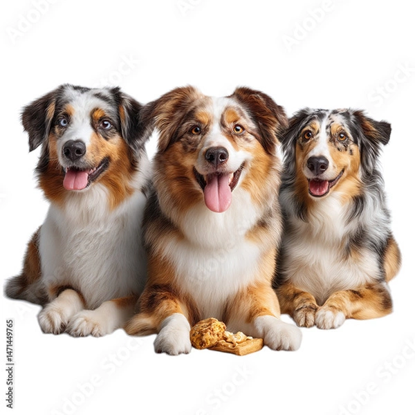 Fototapeta A copy Of Three Australian Shepherd dogs eating treats, happy expressions, isolated on transparent background ultra realistic 8k --v 7.0