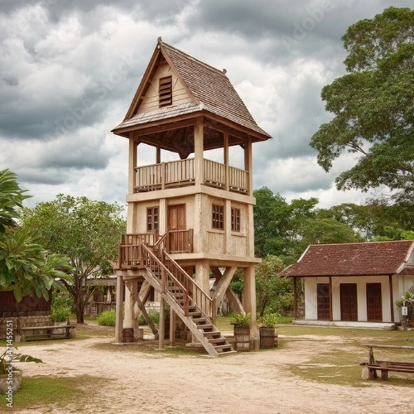 Obraz Old Thai-style waterwheel structure stands tall under dramatic clouds, sepia tones enhancing the standard rustic v2-6x photographic view.