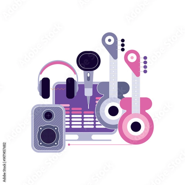 Obraz Artistic composition of color musical items isolated on a white background Sound Recording Studio vector design.