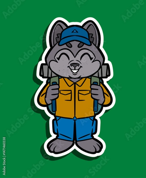 Obraz Cartoon wolf adventurer with backpack