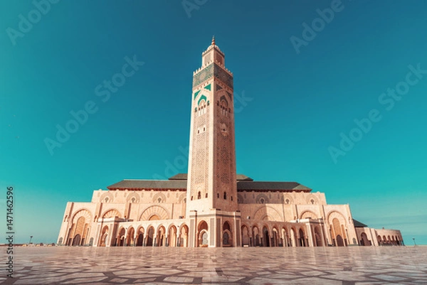 Fototapeta Hassan II Mosque under blue sky with ornate details and geometric patterns on the paved square