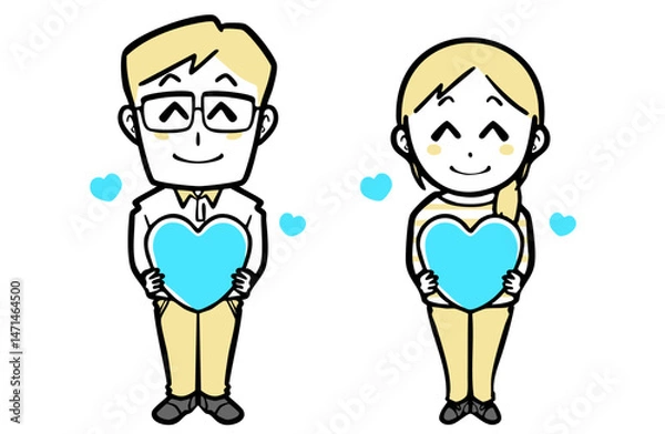 Fototapeta 青いハートを持つ、普段着の若い夫婦