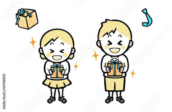 Fototapeta 青いリボンのプレゼントを持つ、普段着の男女の子ども