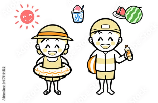 Fototapeta 夏休みの海水浴を楽しむ、水着の男女の子ども