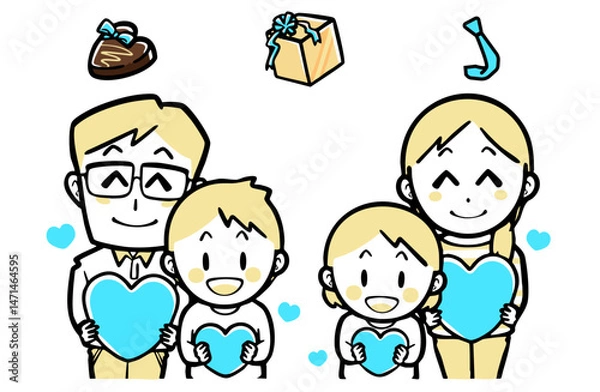 Fototapeta 青いハートを持つ、普段着の家族