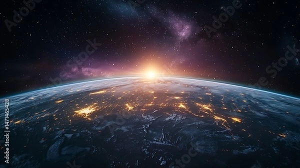 Obraz Earth's sunrise from space, lit cities