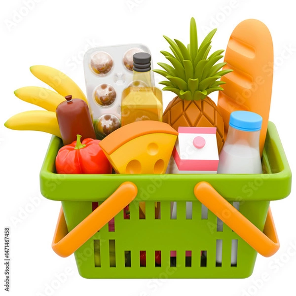 Obraz Shopping basket with groceries. 3D render of food cart full of products of milk, fruit, vegetables, bread, eggs, sausage, cheese. Front view, isolated on transparent background