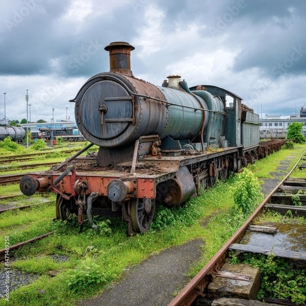 Obraz An old steam locomotive sits rusting on abandoned tracks, slowly being overgrown by grass on a cloudy day evoking decay and industrial history.