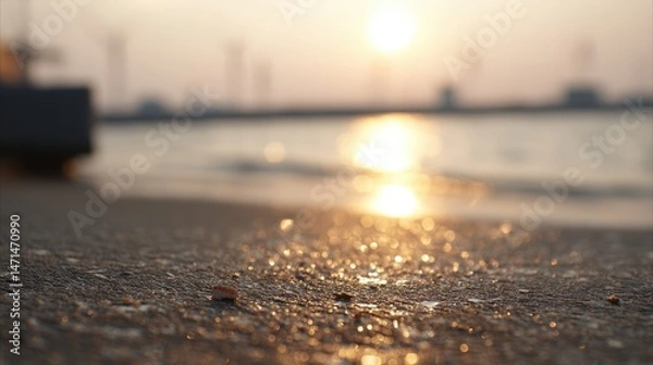 Obraz Golden sunset reflects on wet sand near distant wind turbines, creating a serene coastal scene with tranquil water and a peaceful atmosphere.