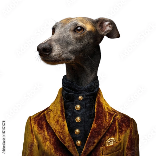 Fototapeta Whippet in velvet blazer with gold buttons, sleek and refined pet portrait, isolated on transparent background ultra realistic 8k --v 7.0