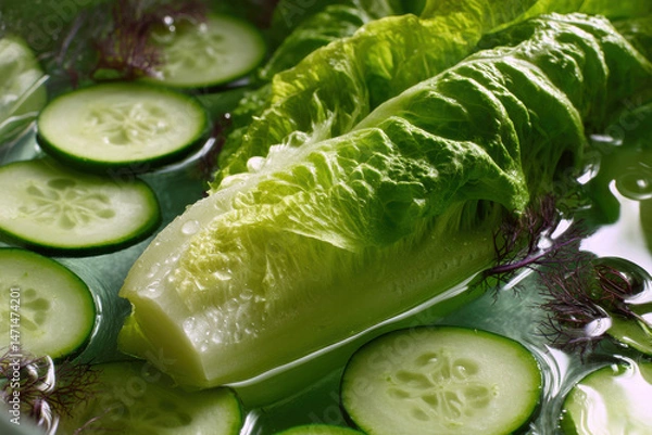 Fototapeta A lettuce leaf reclining in a bowl, surrounded by a spa-like array of cucumber slices
