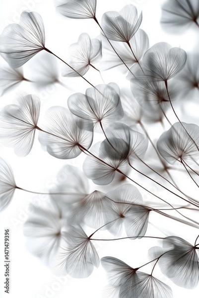 Fototapeta Ethereal wispy flowers delicately intertwining, their soft translucent petals creating an elegant montage against a pristine white background, evoking serenity.