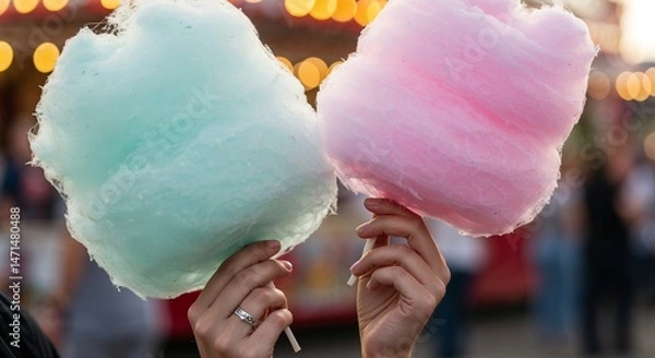 Fototapeta Colorful cotton candy served at a fairground party  