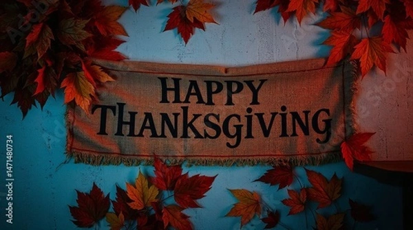 Fototapeta Thanksgiving Banner with Autumn Leaves on Blue Background  