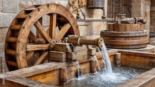 Obraz Vintage wooden waterwheel close-up showing water splashing du operation in a standard setting; a beautiful demonstration of hydraulic power.