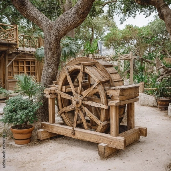 Obraz Weathered driftwood waterwheel showcases artistic rustic charm in a garden, an aged three-standard masterpiece reflecting nature's beauty outdoors.