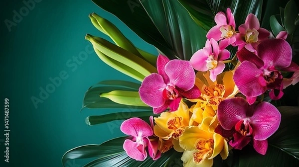 Obraz Orchids with Tropical Flowers, and Teal Background.