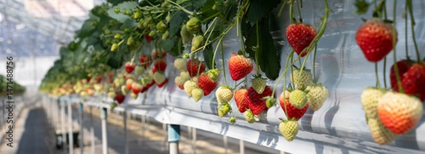 Fototapeta Close-up of fresh strawberries growing in a greenhouse, bathed in sunlight. The vibrant red fruits and green leaves create a natural, organic scene ideal for food, farming, and agricultural concepts.
