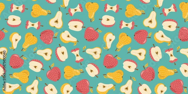 Fototapeta Pear and apple. Fruit cartoon. Seamless pattern. Slices and whole, hand drawn cartoon fruities with leaves. Vitamin natural vegetarian food, garden crop, harvest. Drawing, repeating background.
