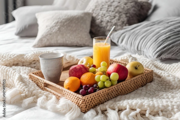 Fototapeta Tray with fruits and glass of juice on white blanket in bedroom

