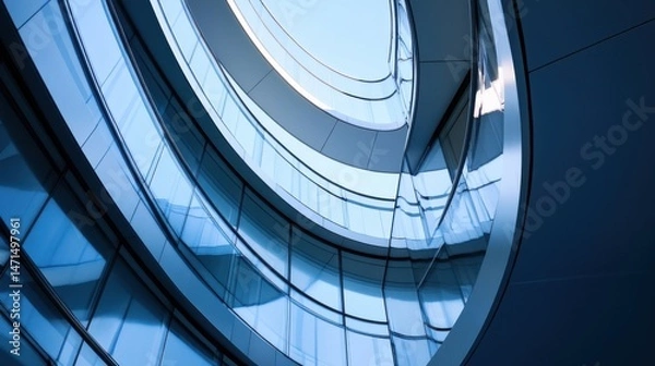 Fototapeta Abstract architectural photography of a modern building's curved glass facade, showcasing a unique design and reflecting the sky. : Generative AI