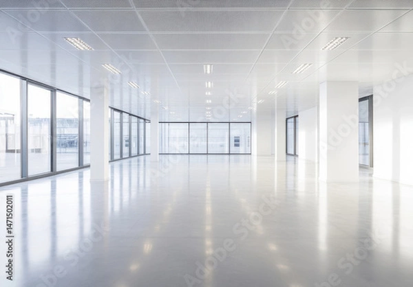 Fototapeta Spacious, modern, empty office space with large windows and bright lighting, ideal for showcasing business concepts or architectural designs. : Generative AI