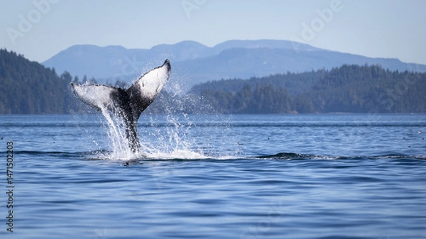 Fototapeta Seascape with Whale tail. The humpback whale (Megaptera novaeangliae) tail dripping with water in Knight Inlet, Vancouver Island, BC, Canada.