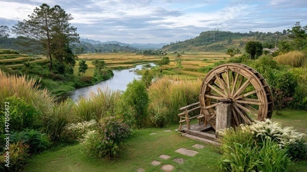 Obraz A wooden waterwheel sits peacefully beside a vibrant rice terrace du the early morning light in a beautiful mountainous landscape.