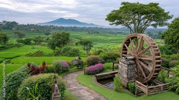 Obraz Idyllic early morning scene of a wooden waterwheel led beside lush green rice terraces with a mountain backdrop under a cloudy sky.