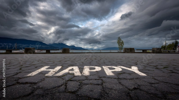 Obraz Word "Happy" etched into dark stone pavement under cloudy sky