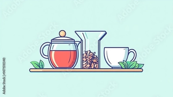 Obraz Tea Brewing Set with Glassware, and Leaves.