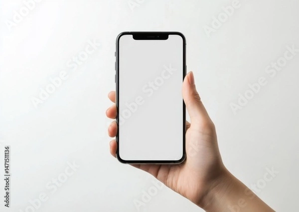 Fototapeta A hand holds a smartphone with a blank white screen against a plain white background, perfect for app presentations or mobile technology mockups. : Generative AI