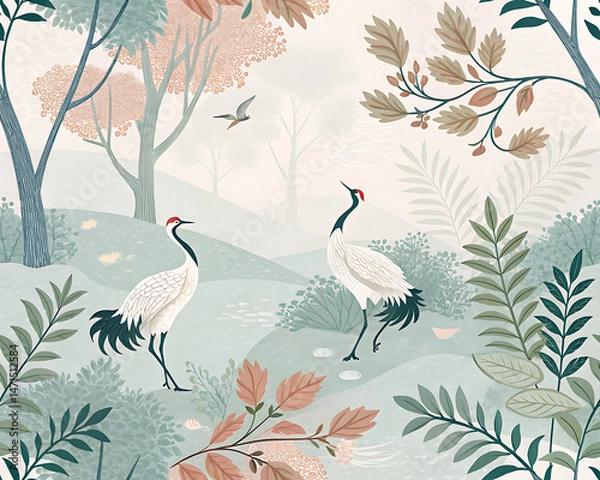 Fototapeta Graceful cranes in tranquil botanical landscape / Grullas elegantes en paisaje botánico tranquilo

