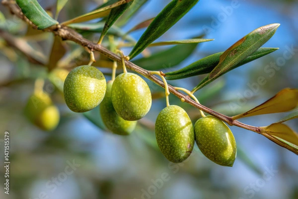 Fototapeta Olive tree branch, young green olives arranged in a row close-up on blurred foliage and blue sky background