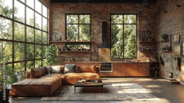 Obraz Industrial loft apartment with large windows