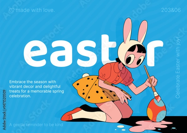 Obraz Happy easter. Cute little girl painting eggs. Vector illustration.