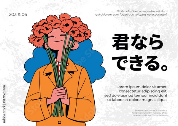 Obraz Vector illustration of woman holding bouquet of carnation flowers in hand.