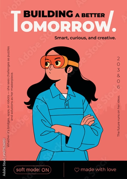 Obraz Banner design of building the future template with cartoon builder woman.