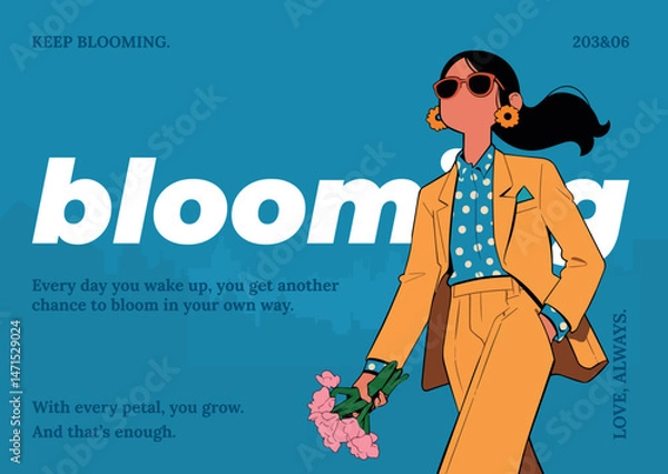 Obraz Stylish woman in yellow jacket holding flowers, calm and elegant with “blooming” theme.
