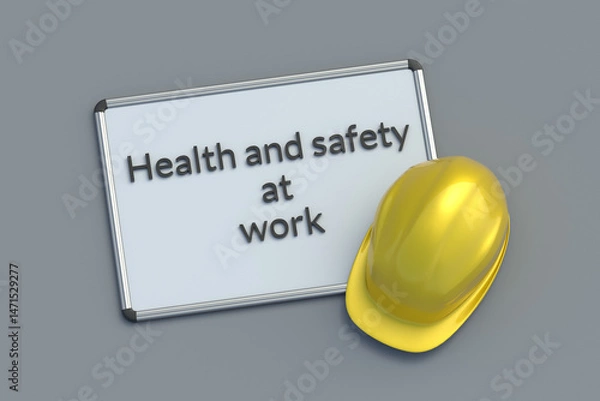 Fototapeta Health and safety at work words on magnetic board near helmet. Concept of protect rules. Caution in the workplace. 3d render