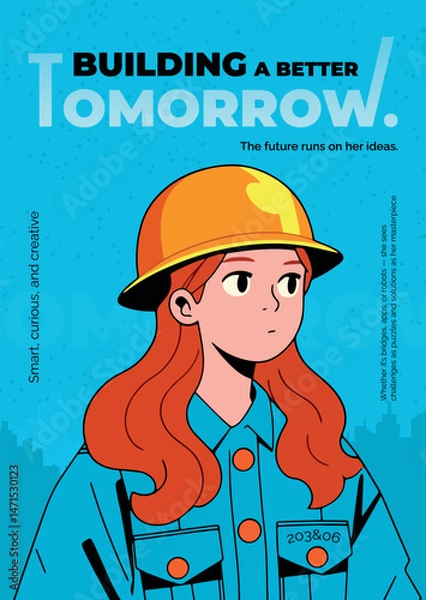 Obraz Red-haired girl in construction helmet with text “Building a better tomorrow,” symbolizing growth and future.
