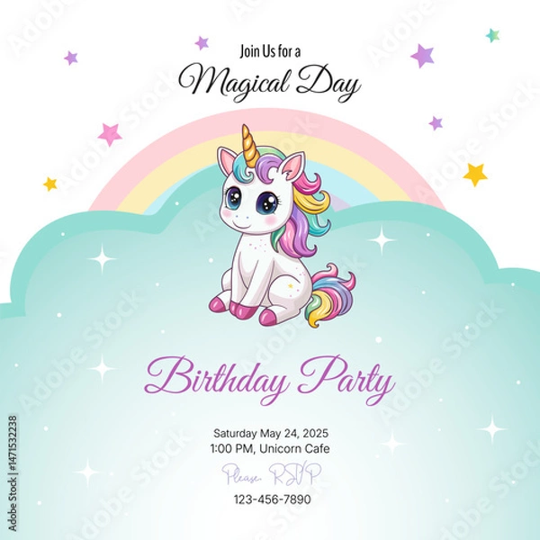 Fototapeta Birthday party invitation. Template. Cute unicorn on a rainbow background. Vector illustration