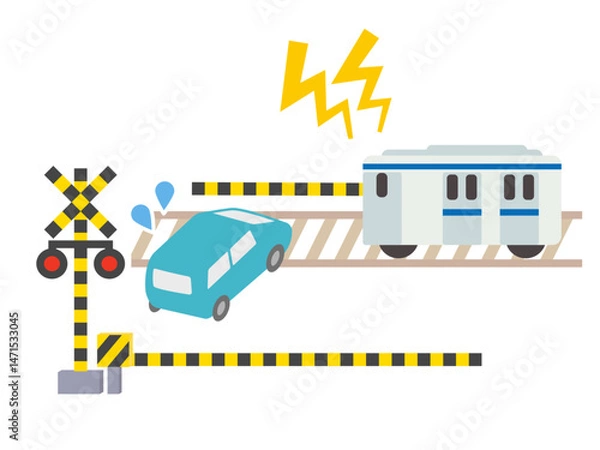 Fototapeta 踏切内で立ち往生する車と緊急警笛を鳴らす列車