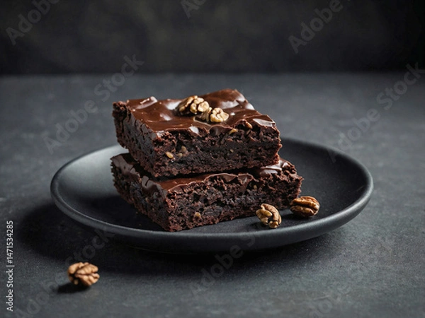 Fototapeta A stack of fudgy walnut brownies on a small white ceramic plate.