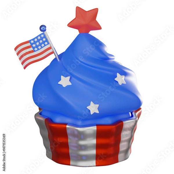 Fototapeta 3D render, Cupcake Icon for American Independence day Themes. Icon Illustration