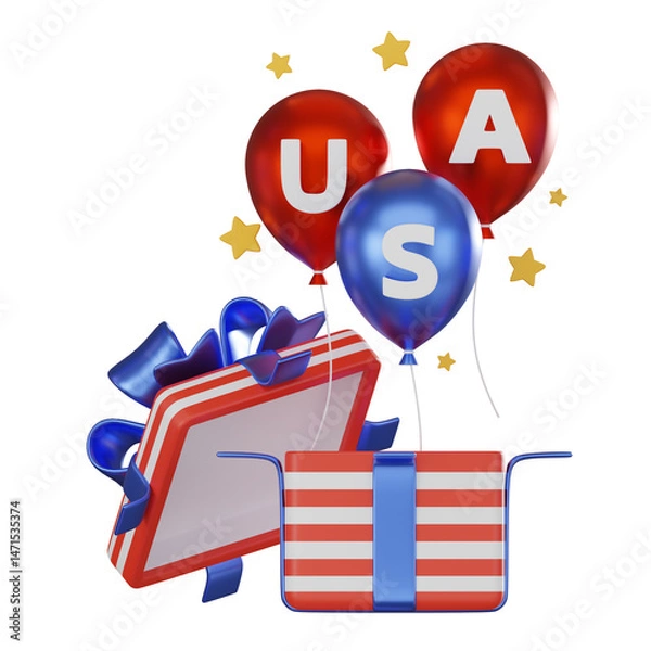 Fototapeta 3D Rrender Typography USA Balloons with Gift box for American Independence day Themes. Icon illustration