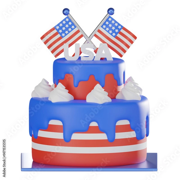 Fototapeta 3D render, Cake Icon for American Independence day Themes. Icon Illustration