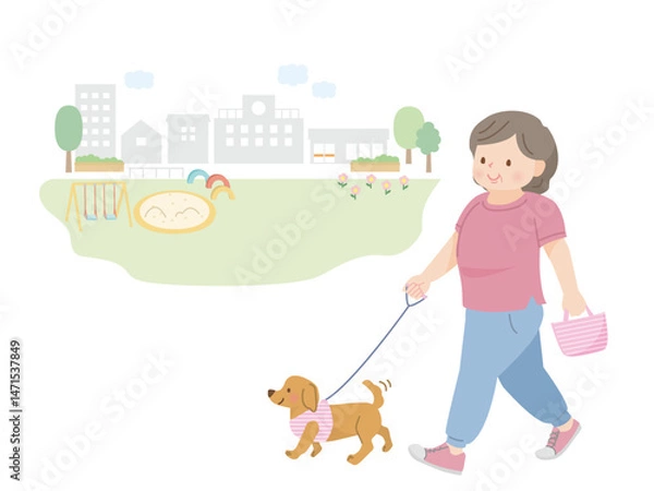 Fototapeta 公園で犬の散歩をしている太った中年女性