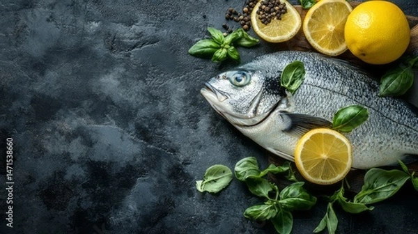 Obraz Fresh fish with herbs and citrus on a dark surface.